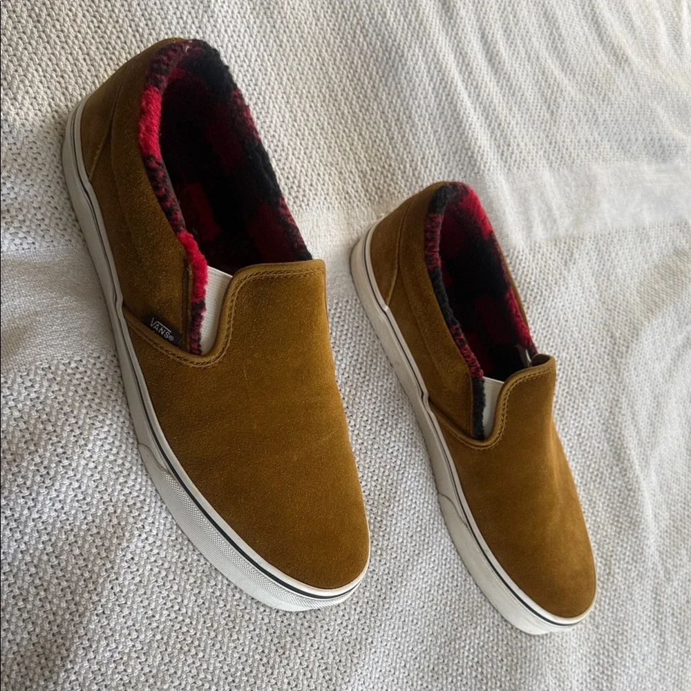 Vans Brown Plush Slip-On Sneakers with Red & Black Plaid Lining - Picture 6 of 6